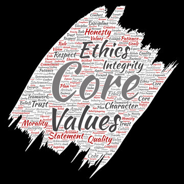 Vector conceptual core values integrity ethics paint brush paper concept word cloud isolated background. Collage of honesty quality trust, statement, character, perseverance, respect and trustworthy