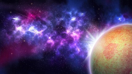 Beautiful, starry sky with nebula, abstract planet, and highlights.3D illustration