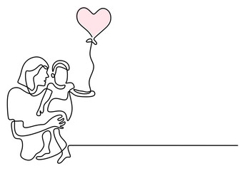 Continuous one line drawing of woman holding her baby with air balloons. Young mother with a kid isolated on white background. Happy Woman's Day. Family parenthood concept. Vector illustration