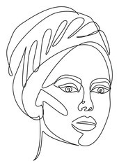 Silhouettes of the head of a girl in a turban, scarf. Woman face in modern one line style. Solid line, aesthetic outline for decor, posters, stickers, logo. Vector illustration.