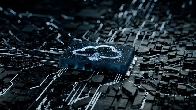 Data storage Technology Concept with cloud download symbol on a Microchip. Data flows from the CPU across a Futuristic Motherboard. 3D render.