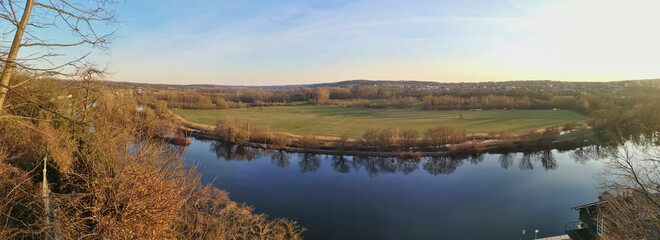 panoramic view over the valley of the Ruhr in Mülheim in the evening sun