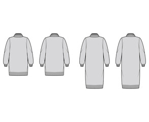 Set of Sweater dresses technical fashion illustration with knit rib turtleneck, long sleeves, oversized, knee mini length, knitted texture. Flat front, back, white color. Women, men unisex CAD mockup