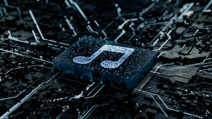 Audio Technology Concept with music symbol on a Microchip. Data flows from the CPU across a Futuristic Motherboard. 3D render.