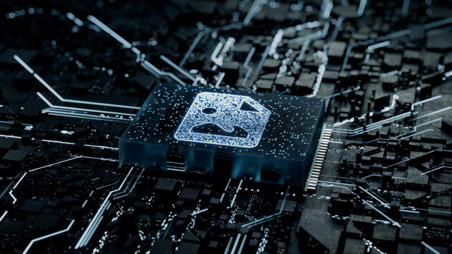 Image Technology Concept with picture symbol on a Microchip. Data flows from the CPU across a Futuristic Motherboard. 3D render.