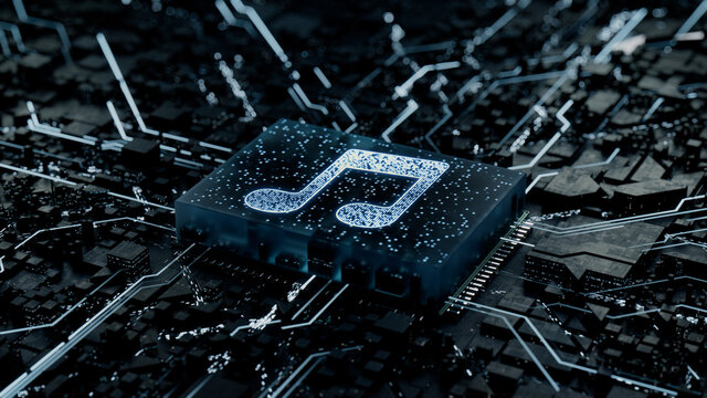 Audio Technology Concept with music symbol on a Microchip. Data flows from the CPU across a Futuristic Motherboard. 3D render.