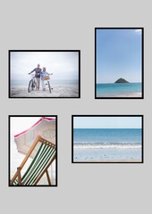 Composition of four beach and seaside images with deckchair and couple wheeling bicycles