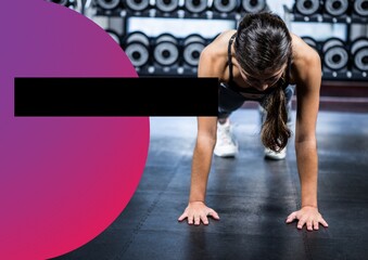 Fototapeta na wymiar Composition of woman at gym doing push ups with pink circle and black rectangle