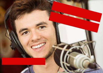 Composition of smiling caucasian male radio dj with red rectangular copy space rectangles