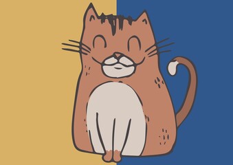 Illustration of smiling brown cat with closed eyes on blue and yellow background