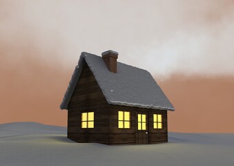 Composition of house with lights on in empty snow covered landscape with sunset sky