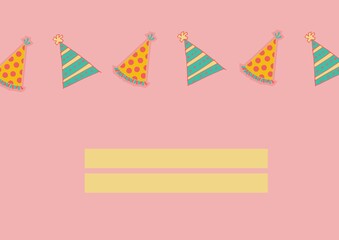 Illustration of a row of party hats on pale pink background with two rectangular bands for copy