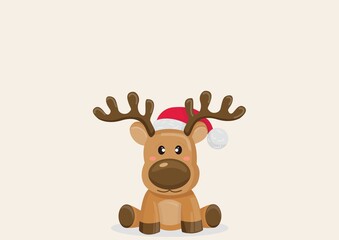 Baby reindeer in santa hat with copy space on cream background