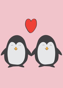 Illustration of cute penguins holding hands with red heart with copy space on pink background