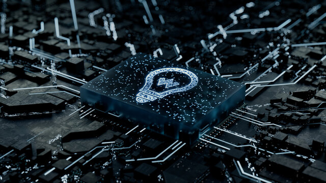 Innovation Technology Concept with lightbulb symbol on a Microchip. Data flows from the CPU across a Futuristic Motherboard. 3D render.