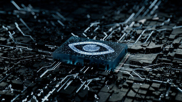 Vision Technology Concept with eye symbol on a Microchip. Data flows from the CPU across a Futuristic Motherboard. 3D render.