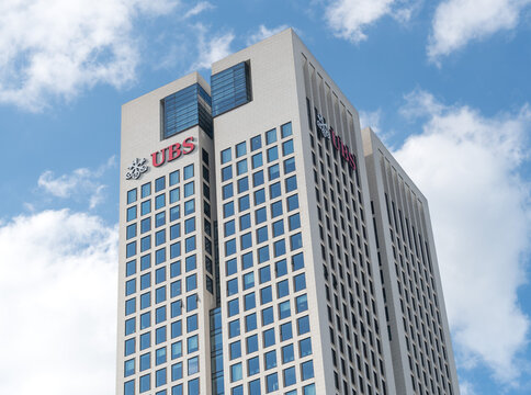 Frankfurt am Main, Germany - June 27, 2020: UBS Europe SE head office skyscraper. UBS Group AG UBS Group SA UBS Group Inc. is a public company incorporated under the laws of Switzerland