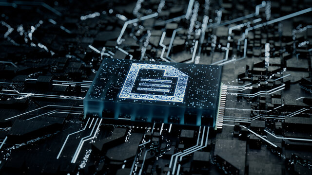 Word document Technology Concept with document symbol on a Microchip. Data flows from the CPU across a Futuristic Motherboard. 3D render.