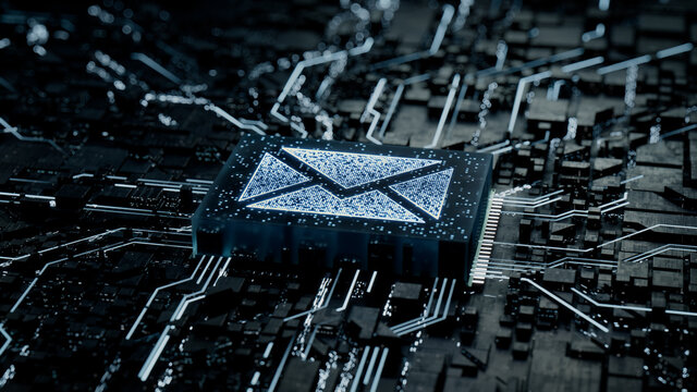 Email Technology Concept with Envelope symbol on a Microchip. Data flows from the CPU across a Futuristic Motherboard. 3D render.