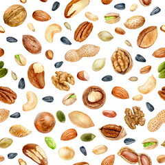 Watercolor seamless pattern nuts isolated on white background.