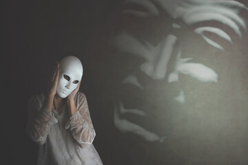 person with mask does not want to hear the judgment of other mask, concept of judgment and...