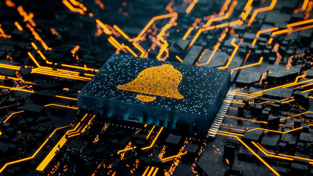 Alert Technology Concept with bell symbol on a Microchip. Data flows from the CPU across a Futuristic Motherboard. 3D render.