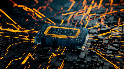 Display Technology Concept with Monitor symbol on a Microchip. Data flows from the CPU across a Futuristic Motherboard. 3D render.