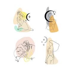 Set of single line drawing of women portraits with moon and stars on abstract geometric neutral background. Isolated on white. Stock vector illustration.