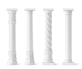 Antique pillars isolated on white background. Ancient classic stone columns of roman or greece architecture with twisted and groove ornament for interior facade design, Realistic 3d vector mockup, set