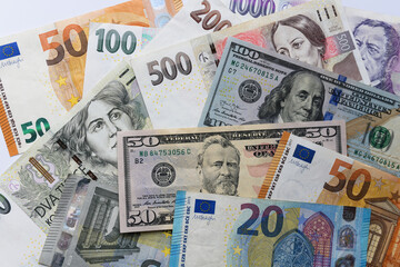 Fototapeta na wymiar Banknotes of different countries background, top view