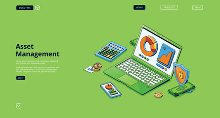 Asset management isometric landing page. Financial analytics concept, laptop and mobile phone with analysis data charts on screen, money investment strategy, finance app, 3d vector line art web banner