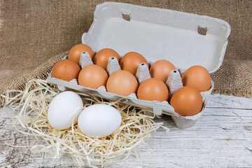 White eggs and brown eggs in paper pulp carton closeup