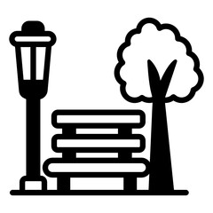 
Park with bench, tree and lamppost, solid icon

