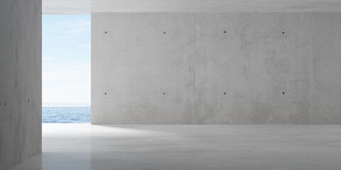 Abstract empty, modern concrete room with opening with ocean view on the back wall and rough floor - industrial interior background template - obrazy, fototapety, plakaty