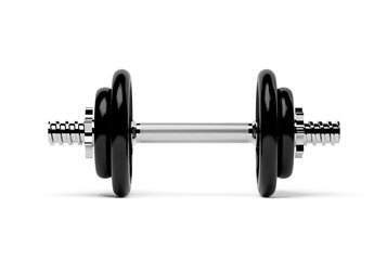 Single fitness gym dumbbell with chrome handle and black plates front view over white background, muscle exercise, bodybuilding or fitness concept