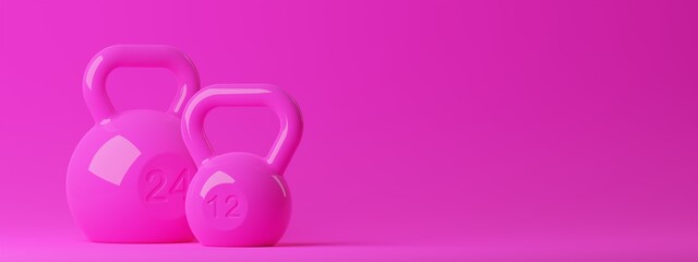 Two pink fitness gym kettlebells on pink background, muscle exercise, bodybuilding or woman's fitness concept