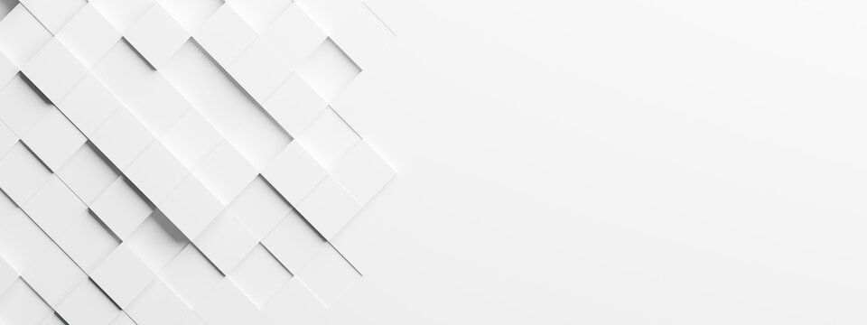 Random shifted rotated white cube boxes block background wallpaper banner with copy space