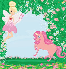 floral frame with a beautiful fairy and unicorn