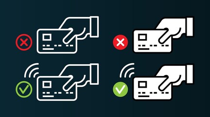 Tap to pay card hand nfc payment, not, successful. Contactless pass . Modern contactless symbol vector icon illustration