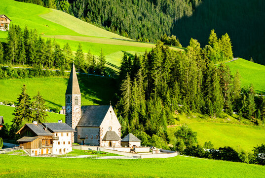View of Val di Funes with the Chruch of Santa Maddalena in the Dolomites Mountains. UNESCO world heritage in South Tyrol, Italy