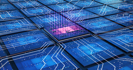Server Computer Processors On Motherboard. Futuristic Technology. Electrical Signals Flowing. Computer And Technology Related 4K 3D Illustration Render