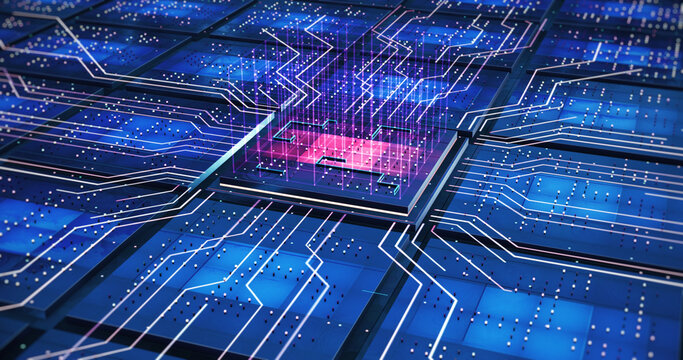 Server Computer Processors On Motherboard. Futuristic Technology. Electrical Signals Flowing. Computer And Technology Related 4K 3D Illustration Render
