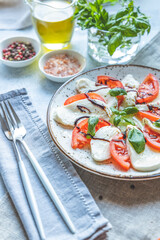 Caprese salad with sliced fresh tomatoes, mozzarella cheese and basil served on a white plate on light gray table surface.