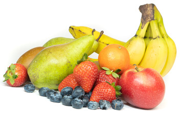 Lots of fresh fruit isolated on a white background, copy space