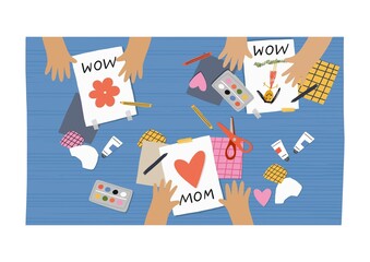 Happy Mother's Day - illustration. Cute prints with Children draw for mom. Online Education and learning for kids concept.