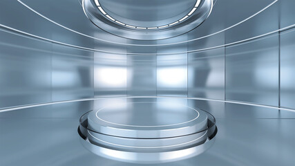 Obraz premium 3D Illustration of futuristic glass room with a circle podium in the center for product presentation. 3D Rendering of digital glass room for graphic source.