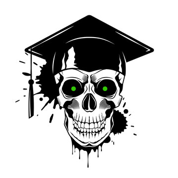 Human skull with graduate cap, paint splashes and drips on white background. Grunge vector illustration