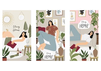 Stay Home people - vector illustration in flat style. Young woman at home, many plants and flowers relaxing on sofa, reading books. Quarantine, stay at home vector print