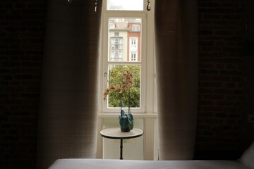 view through a window with a beautiful orchid on a desk