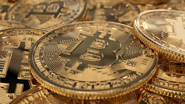 Shining gold Bitcoin cryptocurrency BTC DoF closeup.  popular minning financial investition. 